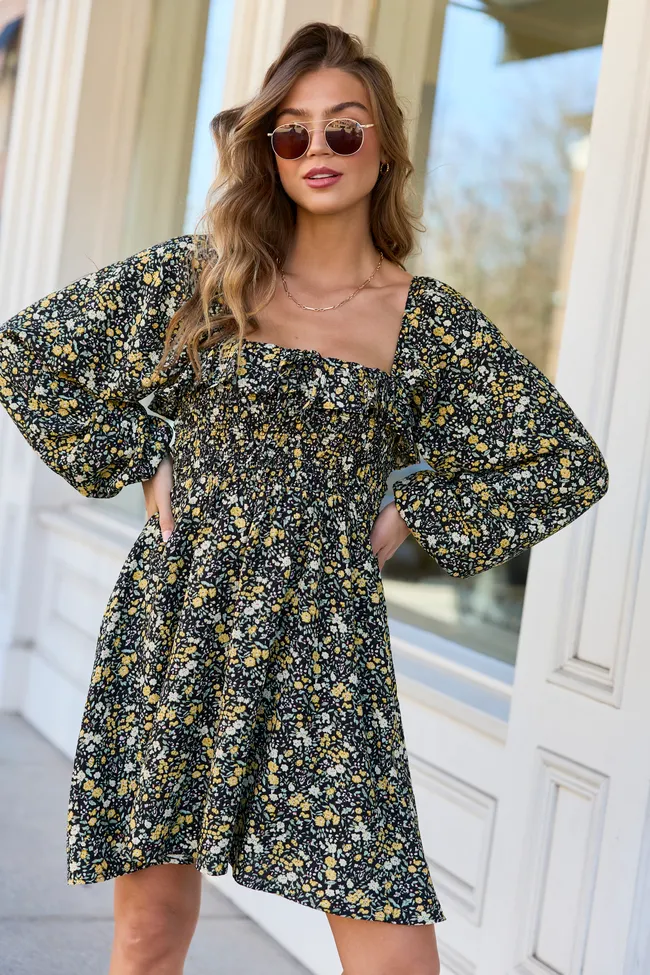 Sophia Black Floral Smocked Top Dress SALE sold by Pink Lily