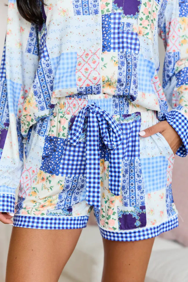 Cozy Crush Pajama Shorts - Patchwork Pop Blue sold by Pink Lily