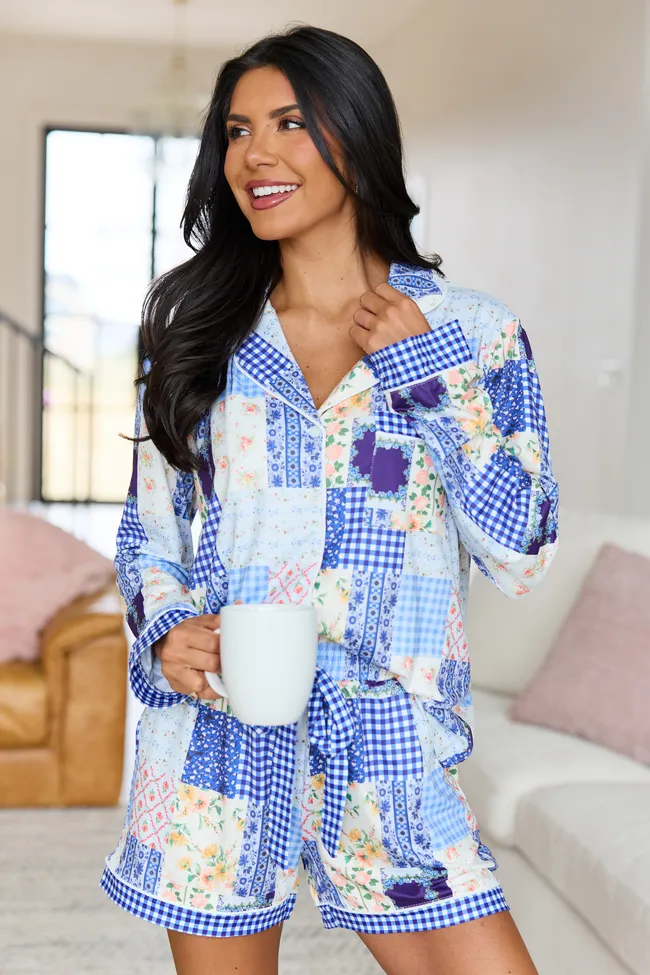 Cozy Crush Long Sleeve Pajama Top - Patchwork Pop Blue sold by Pink Lily