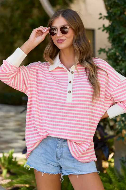 This Is The Life Pink And Ivory Stripe Oversized Henley Top made by Pink Lily
