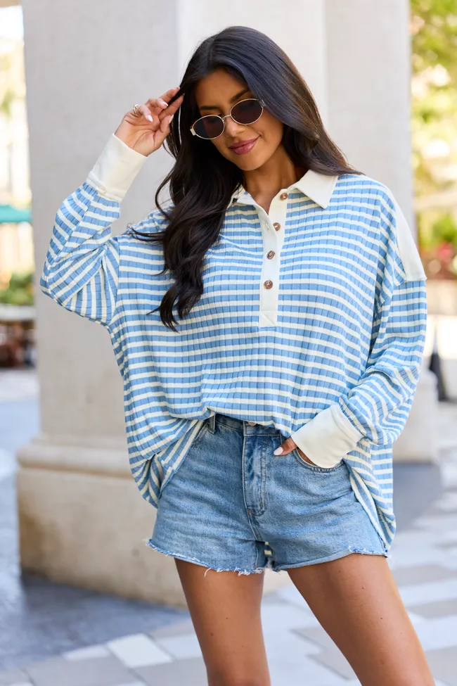 This Is The Life Blue And Ivory Stripe Oversized Henley Top sold by Pink Lily
