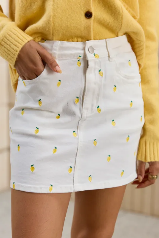 Greta Lemon Embroidered White Denim Mini Skirt SALE made by Pink Lily