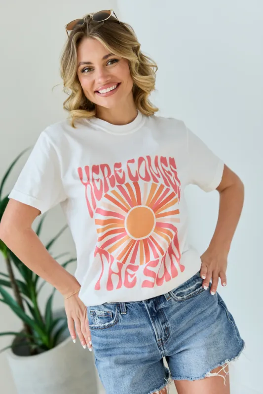 Here Comes The Sun Burst White Graphic Tee made by Pink Lily