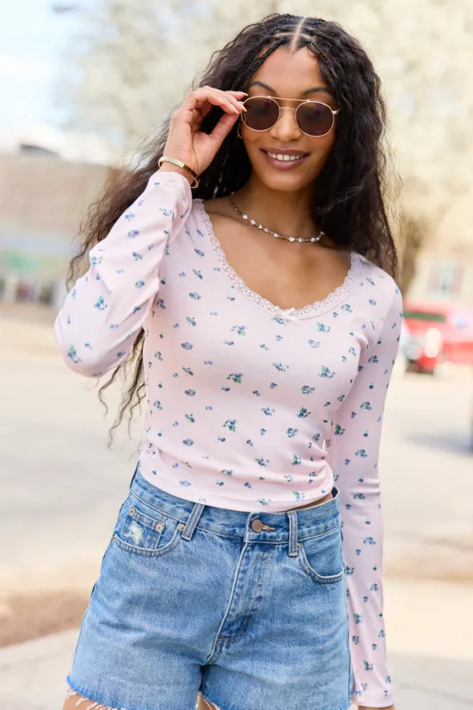 Cameron Pink Lace Trim Floral Top made by Pink Lily