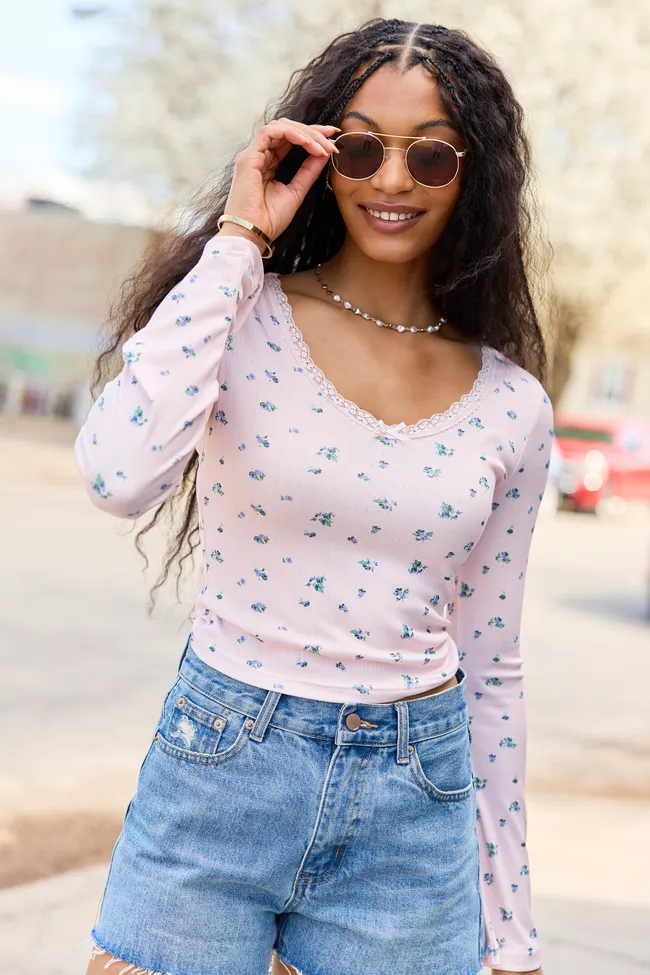 Cameron Pink Lace Trim Floral Top sold by Pink Lily
