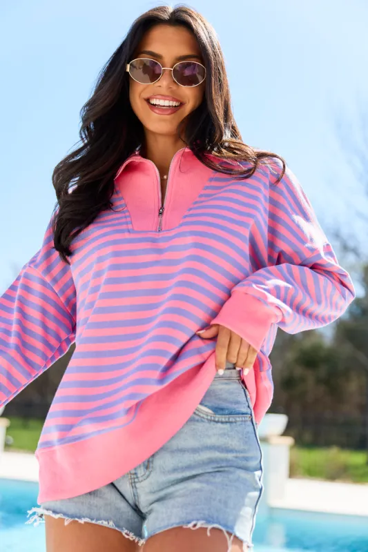 Keep It Easy Purple And Pink Striped Quarter Zip Pullover made by Pink Lily