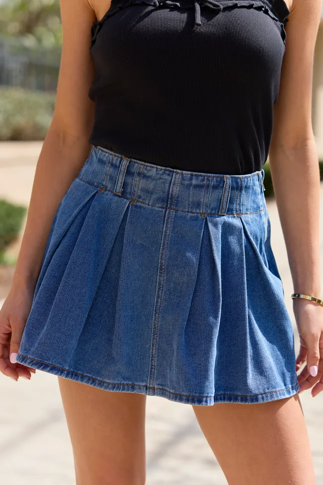 Spencer Pleated Denim Skort sold by Pink Lily