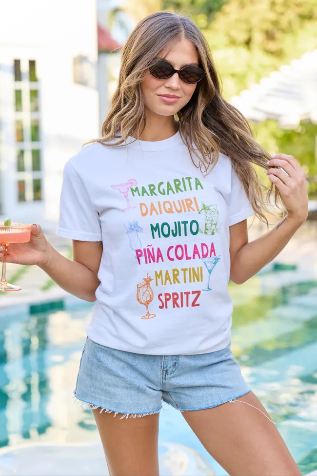 Drink List White Graphic Tee sold by Pink Lily