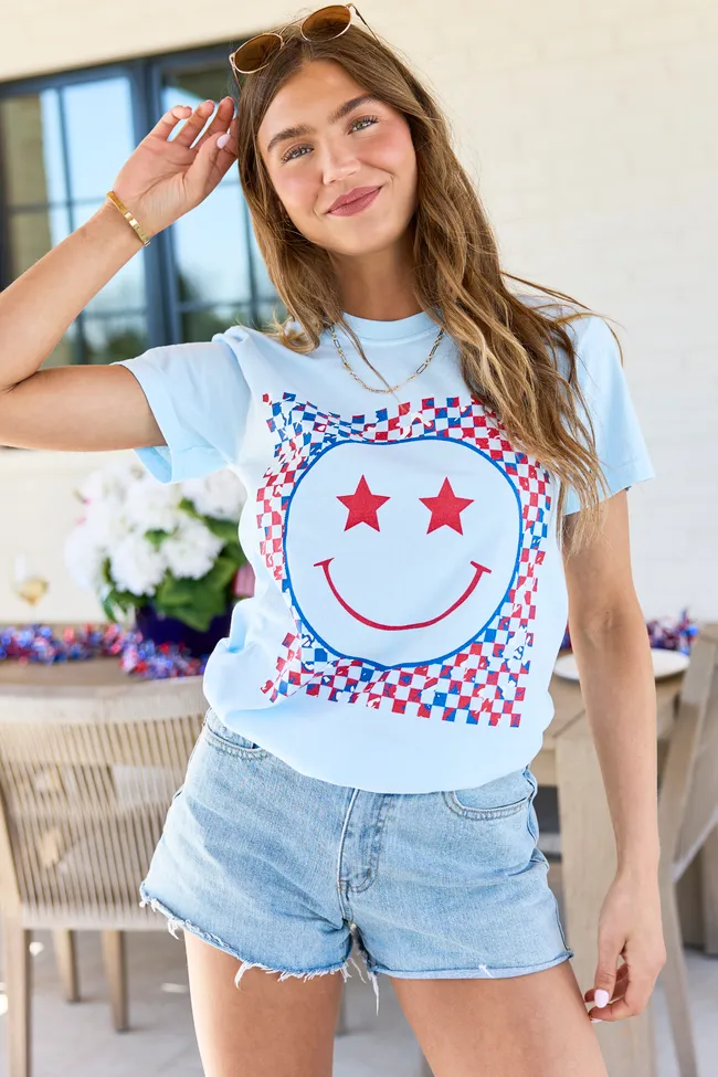 Multi Patriotic Smiley Checkered Light Blue Graphic Tee sold by Pink Lily product image thumbnail 4