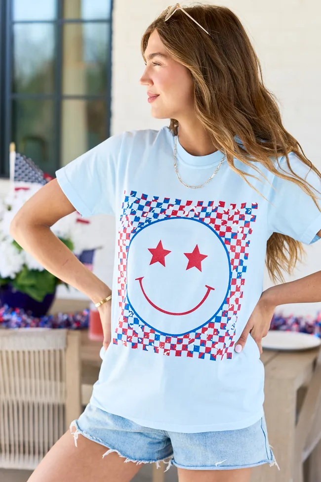 Multi Patriotic Smiley Checkered Light Blue Graphic Tee sold by Pink Lily product image thumbnail 3