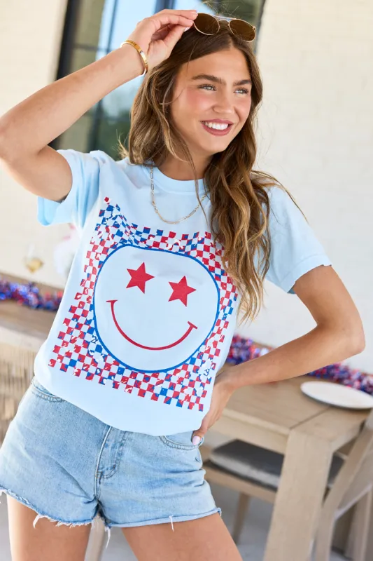 Multi Patriotic Smiley Checkered Light Blue Graphic Tee made by Pink Lily