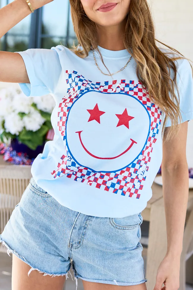 Multi Patriotic Smiley Checkered Light Blue Graphic Tee sold by Pink Lily product image thumbnail 2
