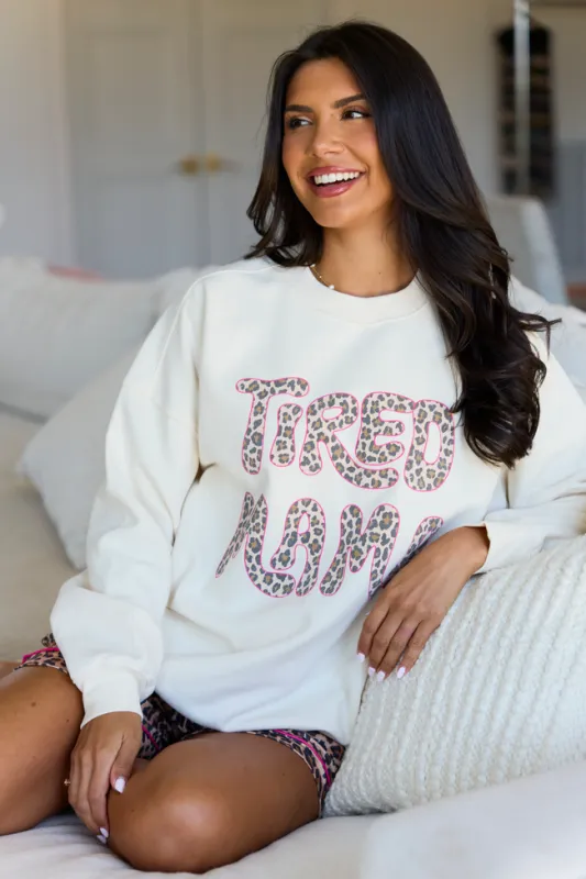 Tired Mama Leopard Cream Graphic Sweatshirt made by Pink Lily