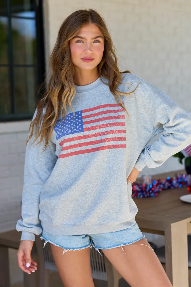 Distressed Flag Light Grey Graphic Sweatshirt sold by Pink Lily