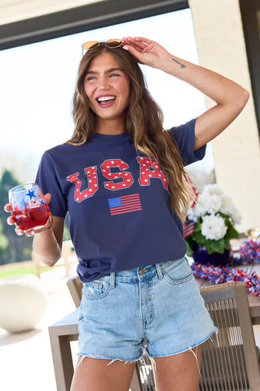 Athletic USA Flag Star Print Navy Graphic Tee made by Pink Lily