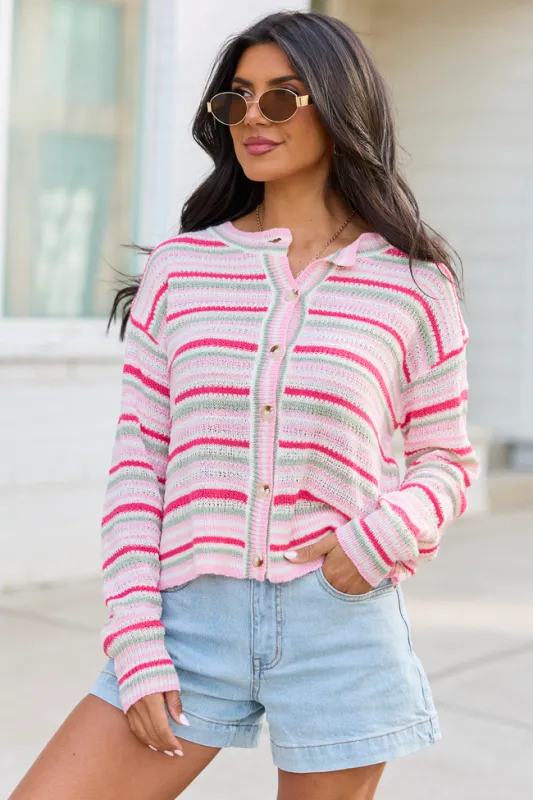 Saylor Pink And Green Striped Cardigan made by Pink Lily