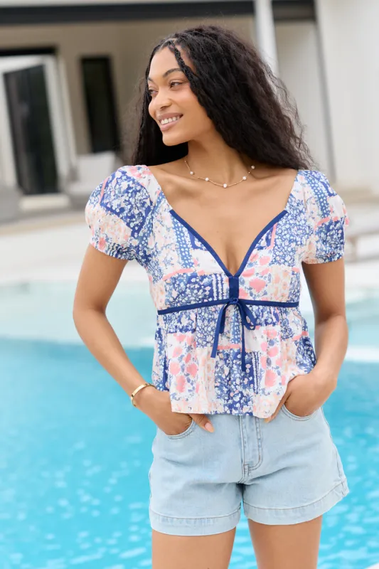 Aubryn Blue Patchwork Print Sweetheart Top made by Pink Lily