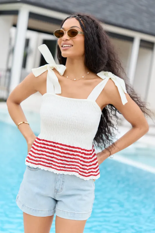 Gigi Ivory And Red Striped Shirred Sweater Tank FINAL SALE made by Pink Lily