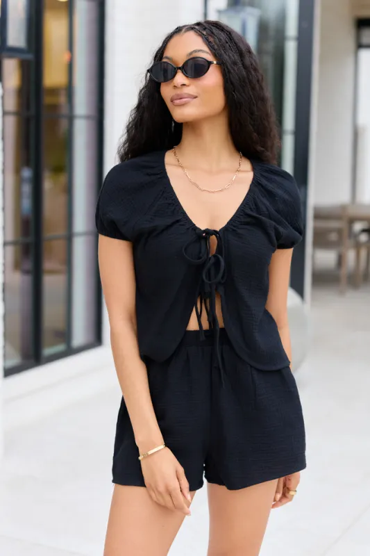 Sofie Black Gauze Tie Front Top FINAL SALE made by Pink Lily
