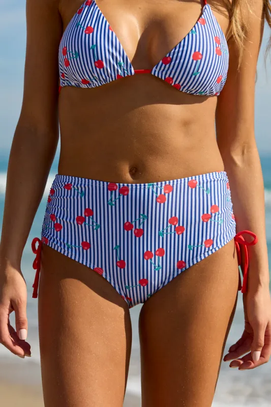 High Tide Cherry On Stripe Navy High Waisted Bikini Bottom made by Pink Lily