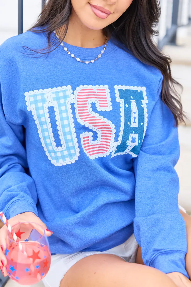 USA Lace Print Heather Blue Graphic Sweatshirt sold by Pink Lily product image thumbnail 2