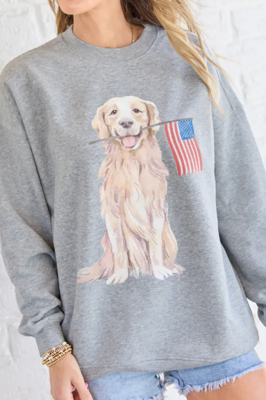 Patriotic Pup Light Grey Graphic Sweatshirt made by Pink Lily