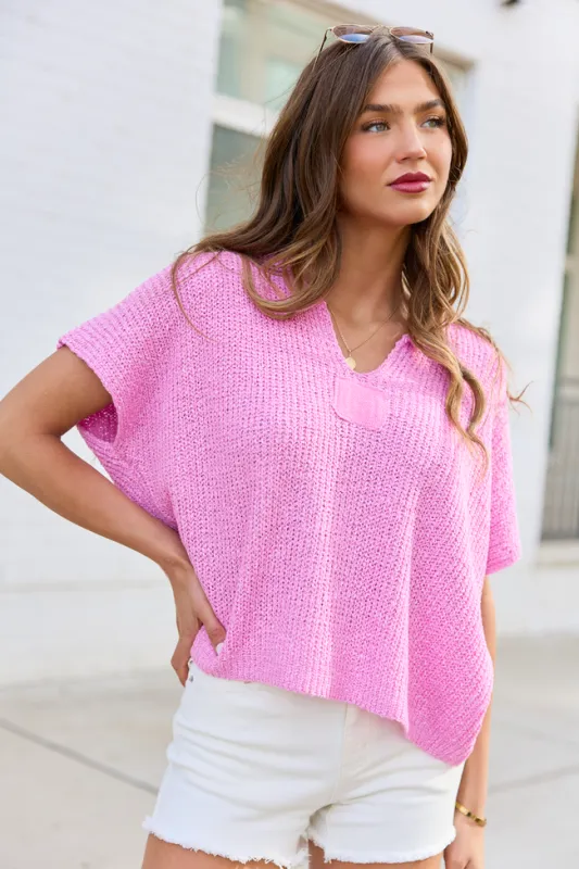 Alana Pink Open Knit Short Sleeve Sweater made by Pink Lily