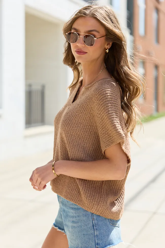 Alana Taupe Open Knit Short Sleeve Sweater sold by Pink Lily product image thumbnail 3