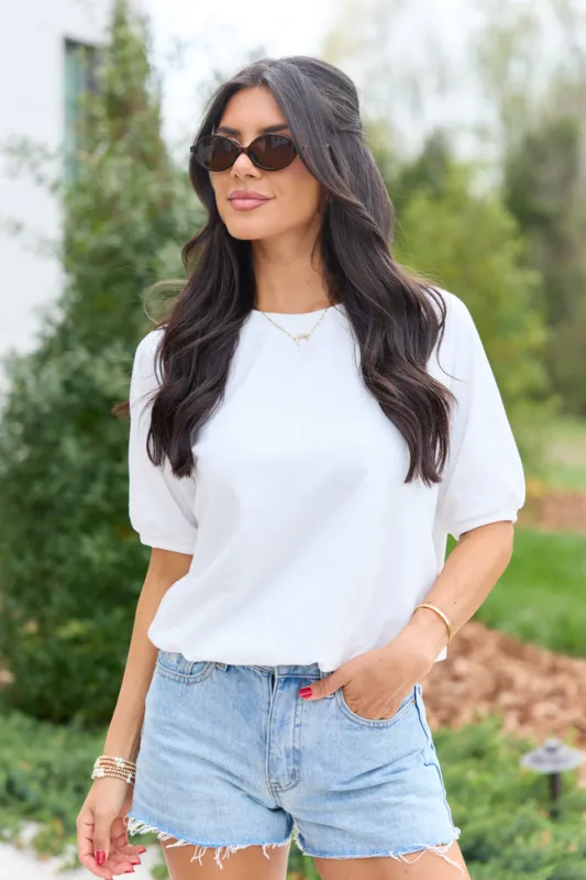 Macey White Cropped Bubble Hem Tee made by Pink Lily