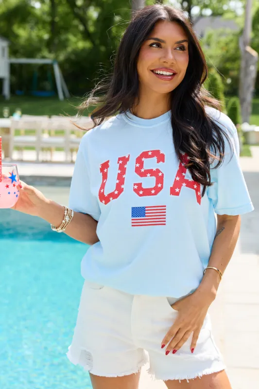 Athletic USA Flag Star Print Light Blue Graphic Tee made by Pink Lily