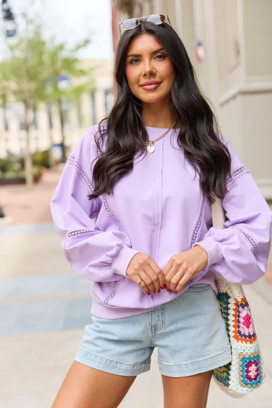 Sadie Lavender Eyelet Trim Pullover made by Pink Lily