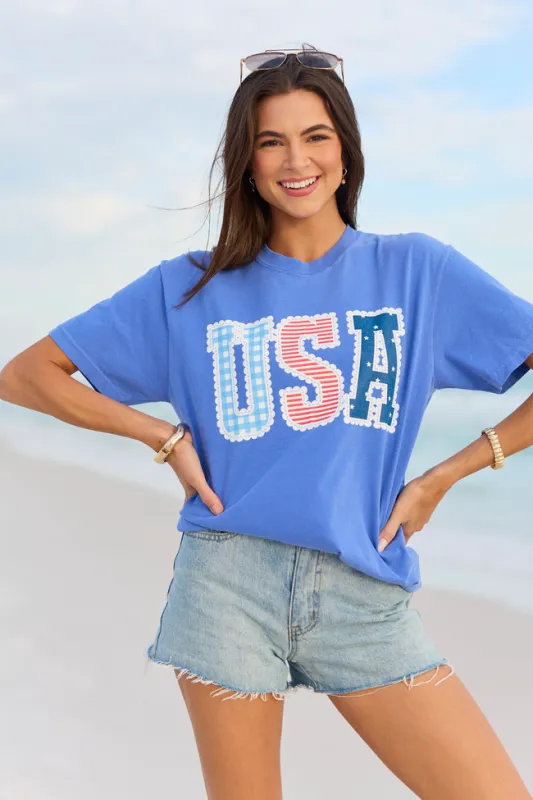 USA Lace Print Blue Graphic Tee made by Pink Lily