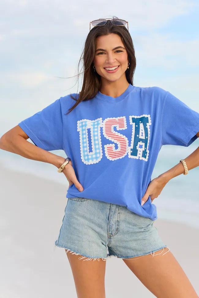 USA Lace Print Blue Graphic Tee sold by Pink Lily