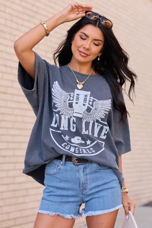 Long Live Cowgirls Charcoal Oversized Graphic Tee made by Pink Lily