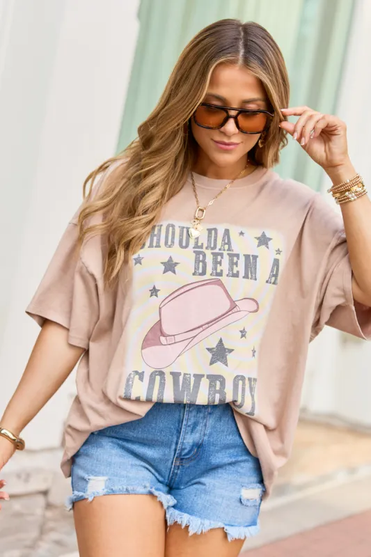 Shoulda Been A Cowboy Taupe Oversized Graphic Tee made by Pink Lily