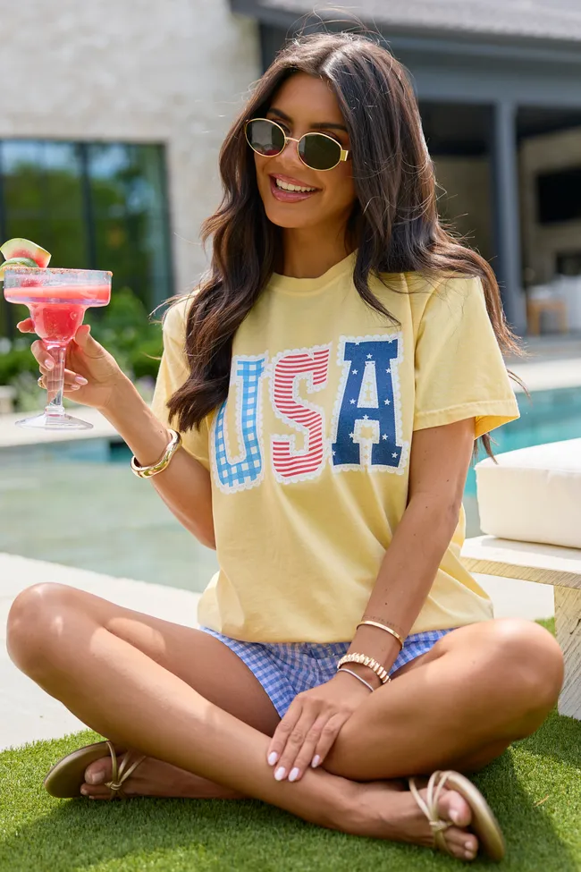 GWP - USA Lace Print Yellow Graphic Tee sold by Pink Lily