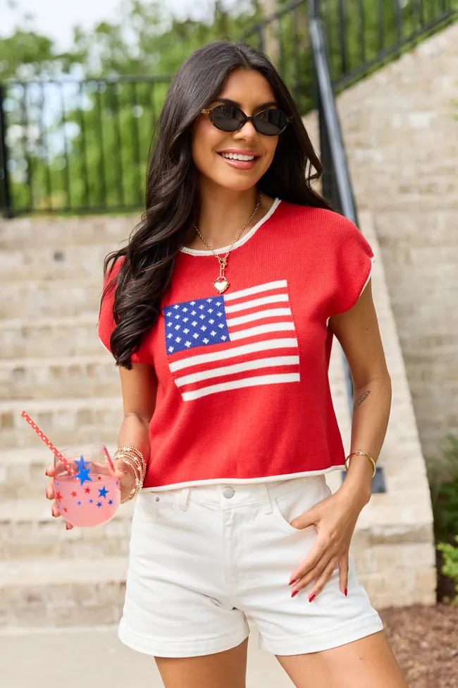 Red American Flag Sweater Top sold by Pink Lily