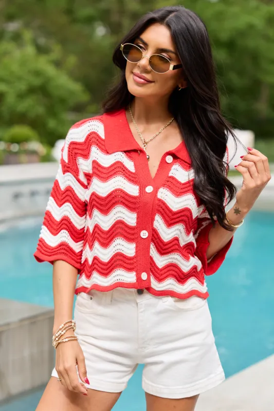 Ariel Red And White Striped Short Sleeve Cardigan FINAL SALE made by Pink Lily