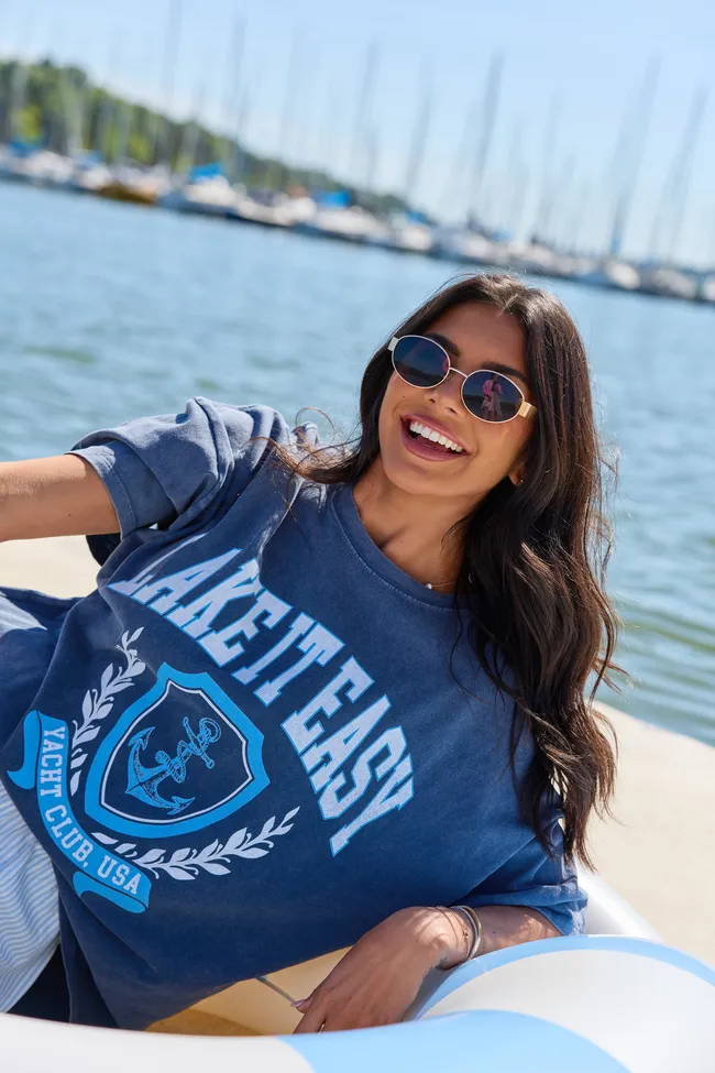 Lake It Easy Navy Oversized Graphic Tee sold by Pink Lily
