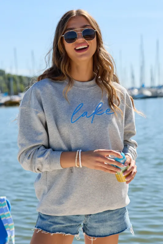 Lake Script Light Grey Graphic Sweatshirt made by Pink Lily