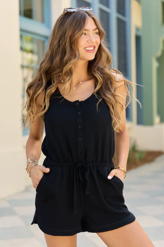 Casual Charm Black Button Front Romper made by Pink Lily