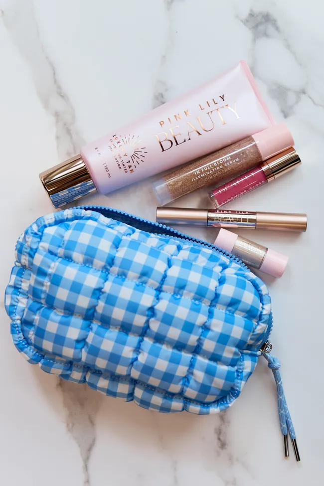 GWP - Haylie Marine Blue Quilted Mini Bag + 5 Piece Beauty Kit sold by Pink Lily