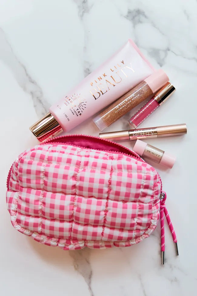 GWP - Haylie Bubble Gum Pink Quilted Mini Bag + 5 Piece Beauty Kit sold by Pink Lily