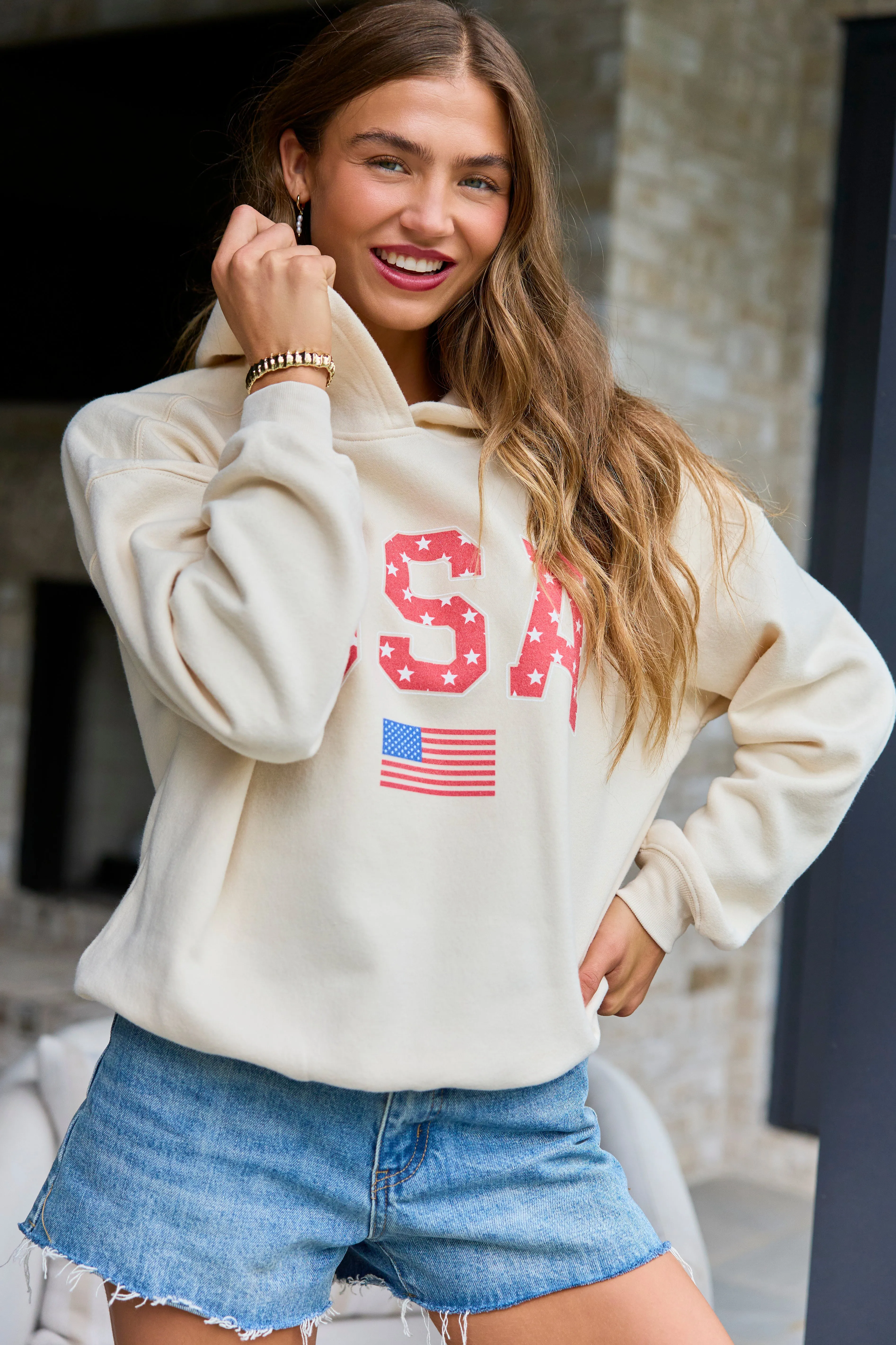 Athletic USA Flag Star Print Cream Graphic Hoodie sold by Pink Lily product image thumbnail 3