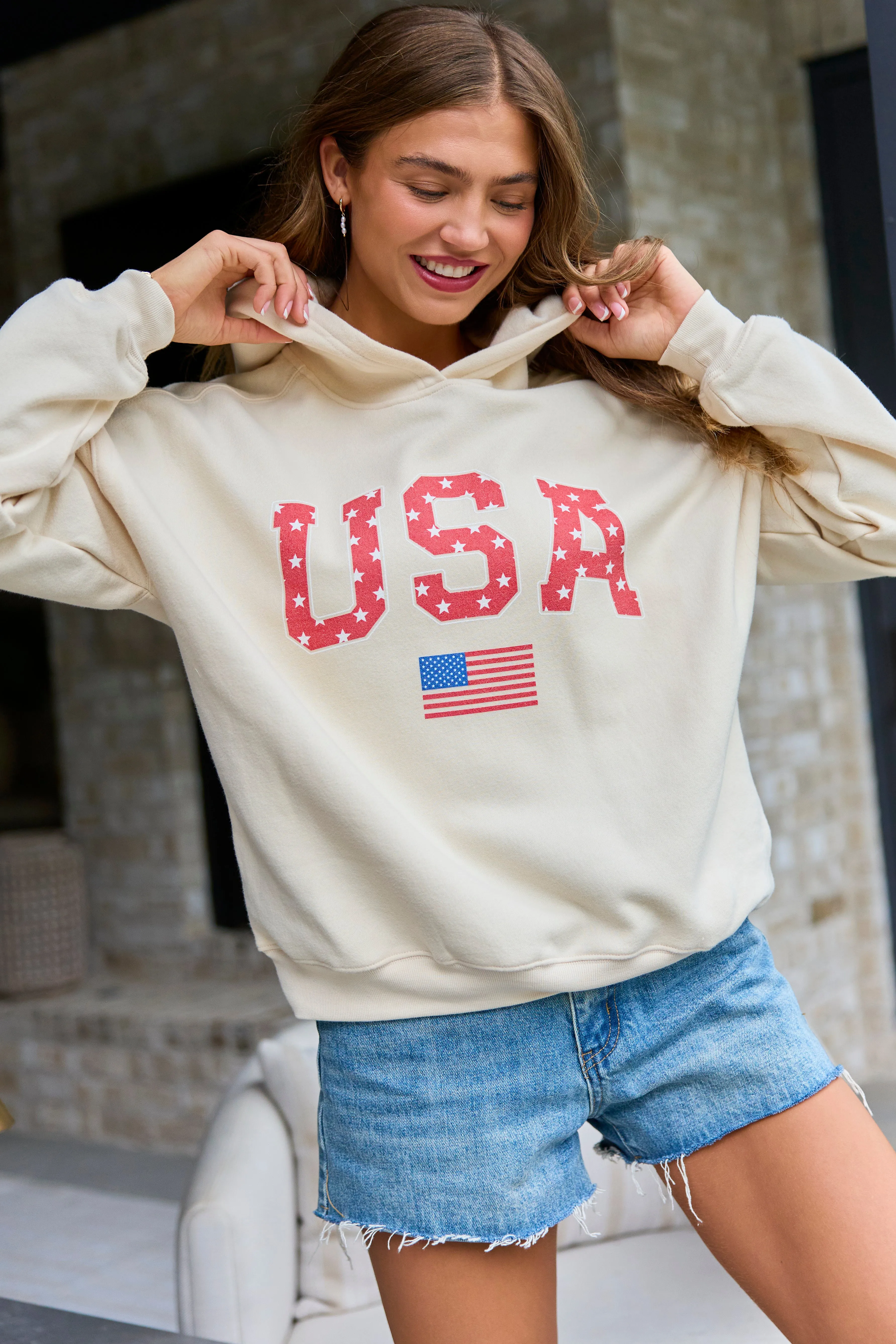 Athletic USA Flag Star Print Cream Graphic Hoodie sold by Pink Lily