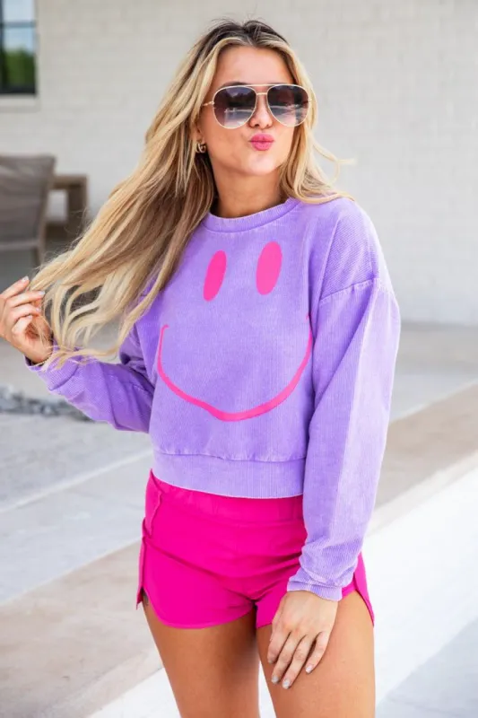 Drawn Smiley Purple Acid Wash Cropped Corded Graphic Sweatshirt sold by Pink Lily