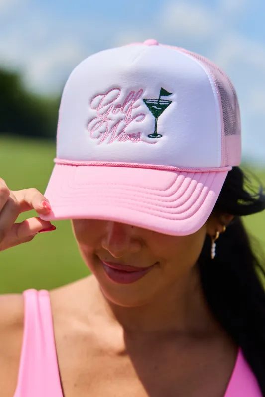 Golf Wives White/Pink Embroidered Trucker Hat made by Pink Lily
