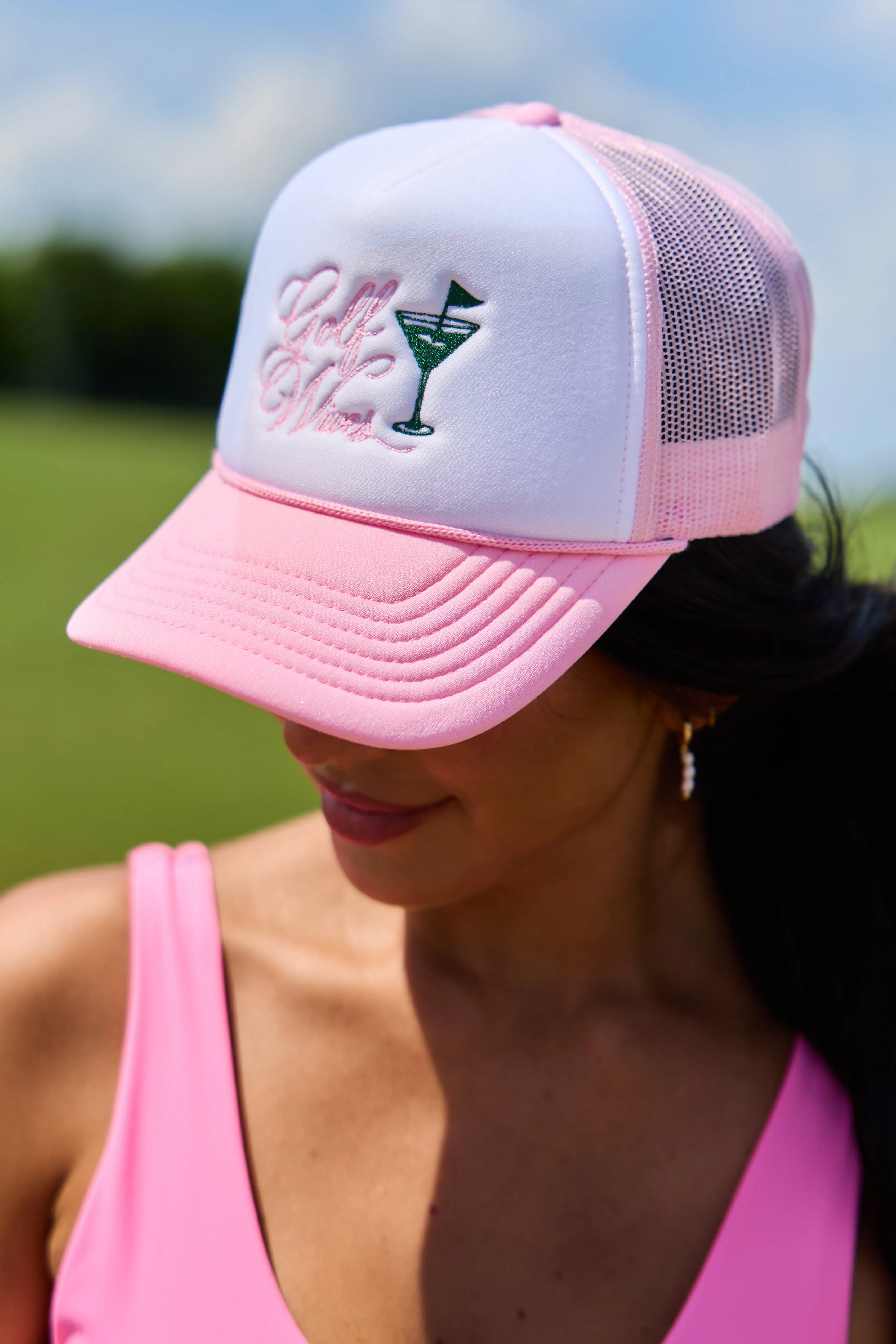 Golf Wives White/Pink Embroidered Trucker Hat sold by Pink Lily product image thumbnail 2