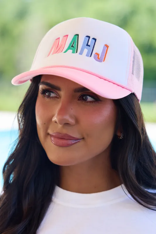 Mahj Multi White/Pink Embroidered Trucker Hat made by Pink Lily
