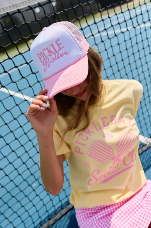 Pickleballer White/Pink Embroidered Trucker Hat made by Pink Lily